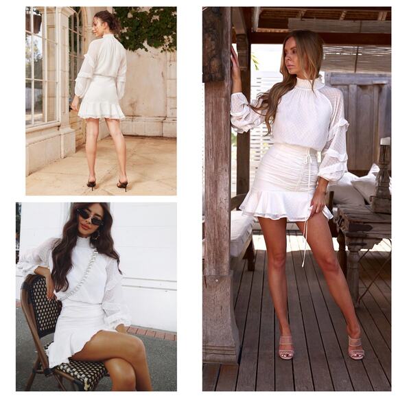 NWT TWO SISTERS White Piper Mini Dress Sz 2 Ruched Shirred Textured Polka Dot XS - Picture 2 of 16